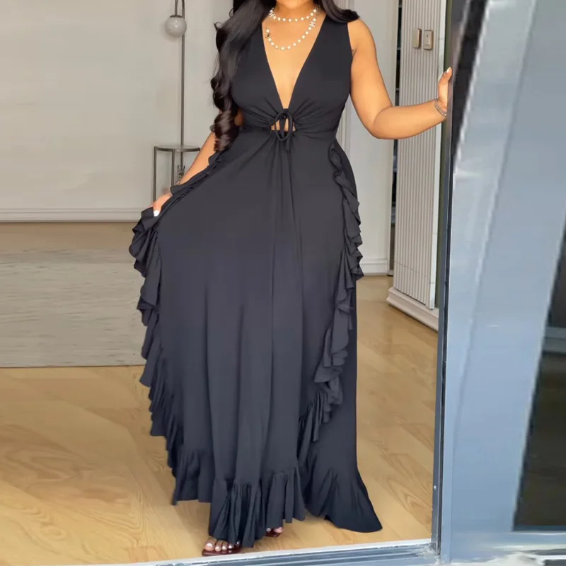 Slergiri vestido de talla grande con escote en V profundo y volantes para mujer, vestidos largos de fiesta sin mangas de cintura alta elegantes de verano 2025