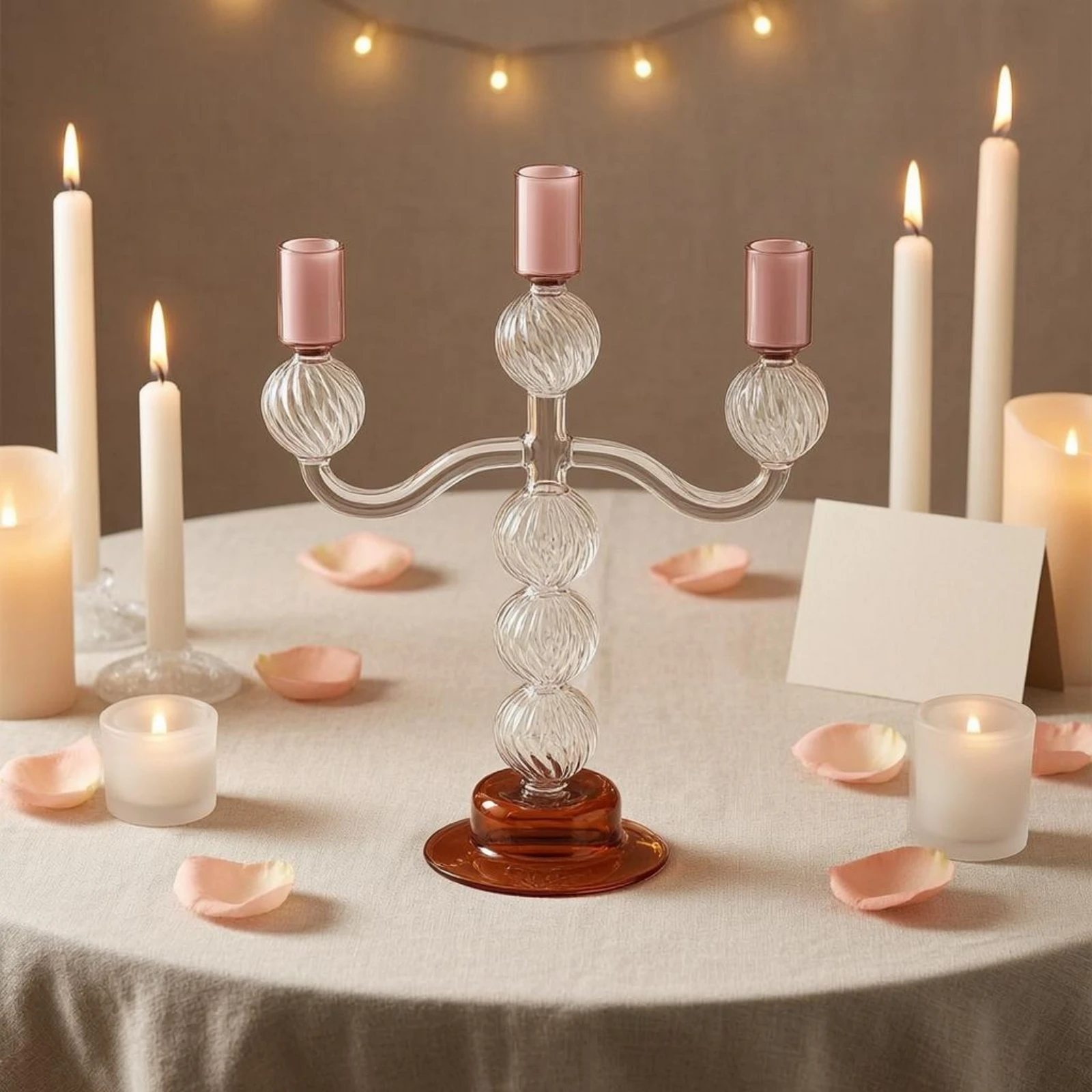 Fotografia 5: Candelabro de Três Braços em Vidro Rosa Claro Lustroso, Suporte para Velas com Braços Curvados