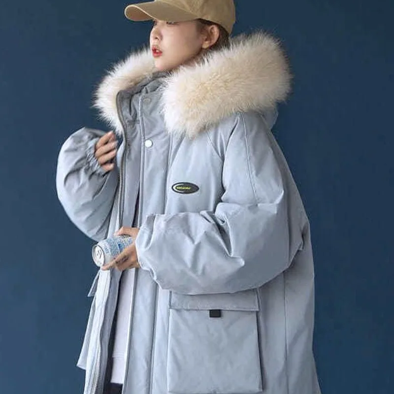 

2023 New Women Padded Coat Winter Jacket Female Mid-length Frock Parkas Big Fur Collar Outwear Hooded Loose Trend Overcoat