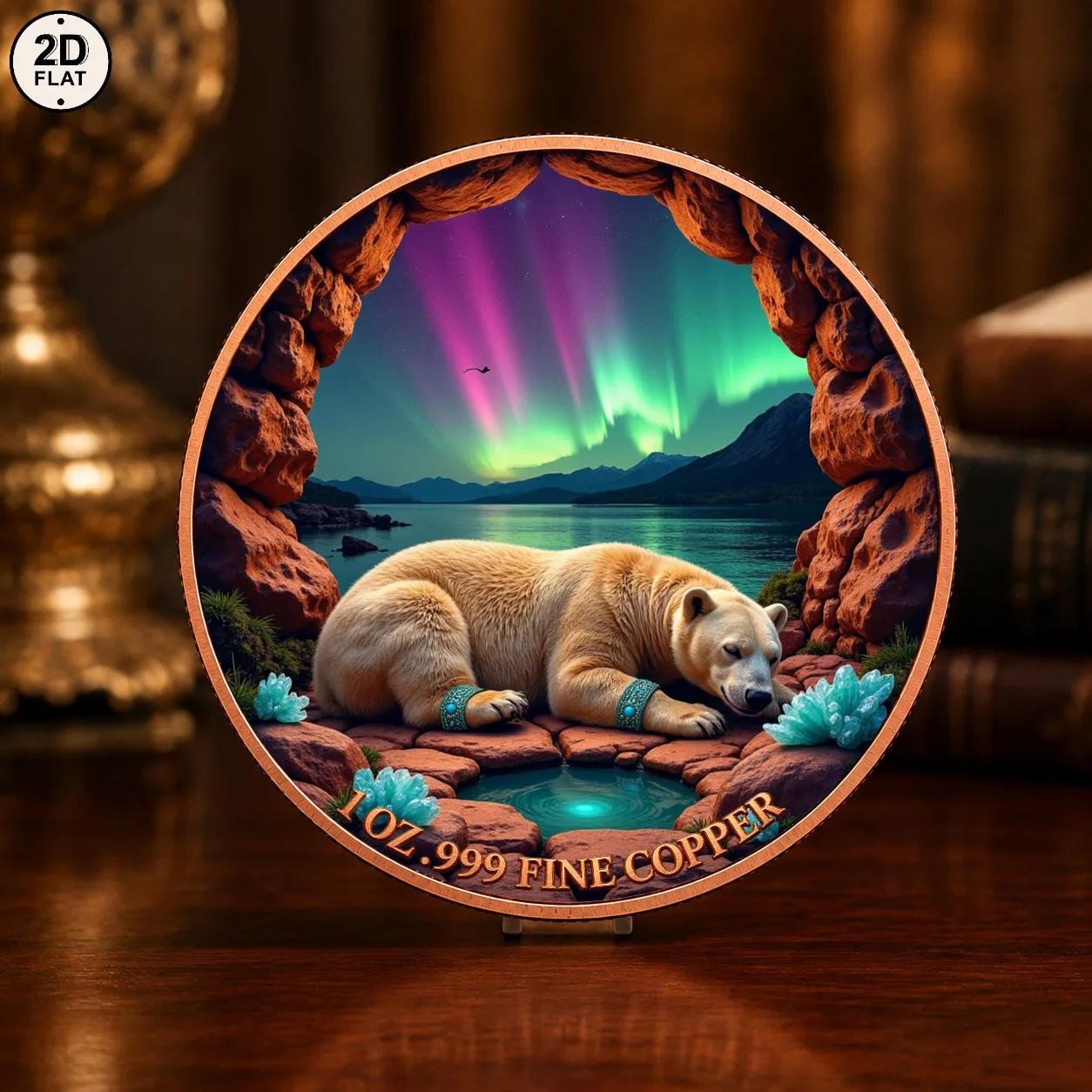 1pc 1oz .999 Fine Copper Sleeping Polar Bear Challenge Coin Magical Aurora Cave Wildlife Collectible Coin Gift for Nature Lovers