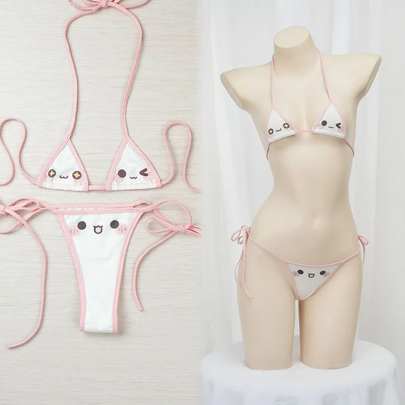 

Cute Bikini 2026 Anime Kawaii Girl Cosplay Swimsuit Women Lace Up Bathing Suit Low Waist Emoji Bikinis Sets Beach Swimwear