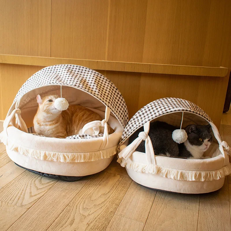 PET Cradle Four Seasons Dog Nest Plaid Cat Bed Cute Internet Celebrity INS Wind Tent Tassel Lace Cat Nest Cushion 2 Sides