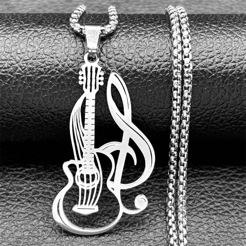 Hiphop Electric Guitar Music Pendant Necklace For Women Men Stainless Steel Gold Silver Color Music Symbol Faith Chain Jewelry