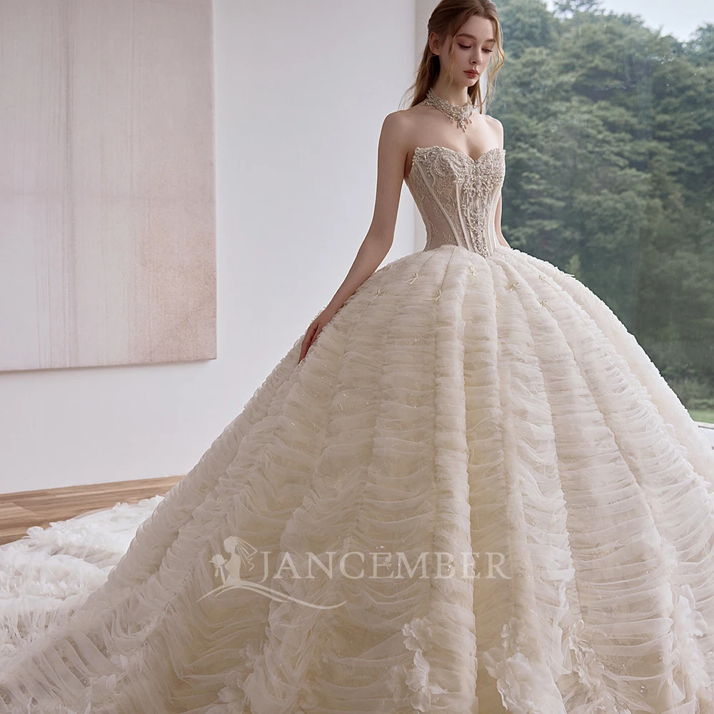 Rushed Ivory Ball Gown Customized Wedding Dress Strapless Corset Ruffled Tulle 3D Flowers Appliques Lace Up Back Vestido De Novi