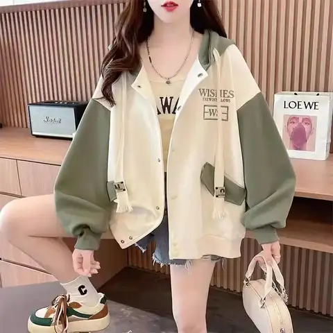 여성용 플리스 가디건 야구 유니폼 코트, 심플한 오피스 레이디, 루즈한 라지 사이즈, 긴팔 후드, 가을, 겨울
