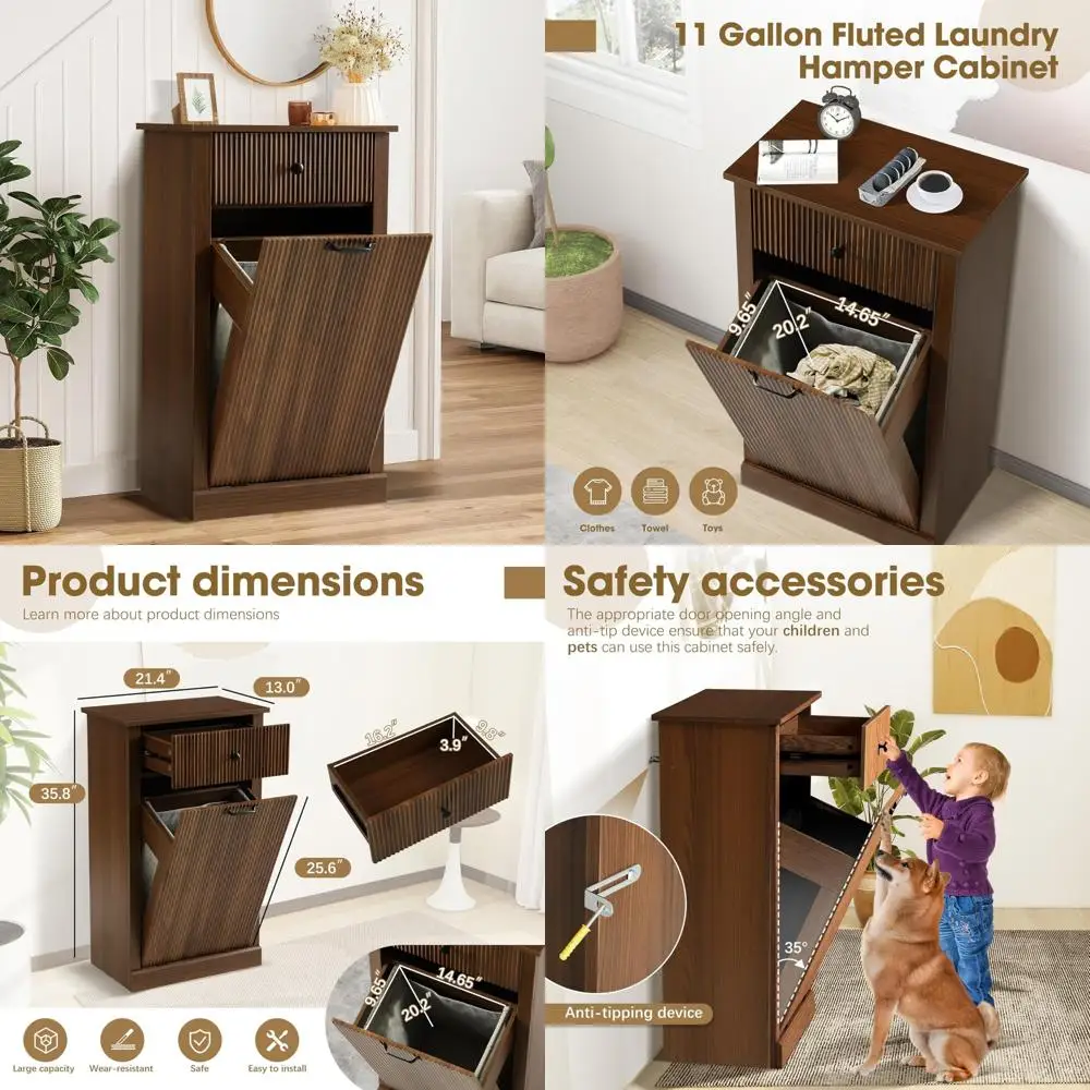 خزانة سلة غسيل خشبية حديثة مع درج، سعة 11 جالونًا، خزانة سلة المهملات المخفية #1