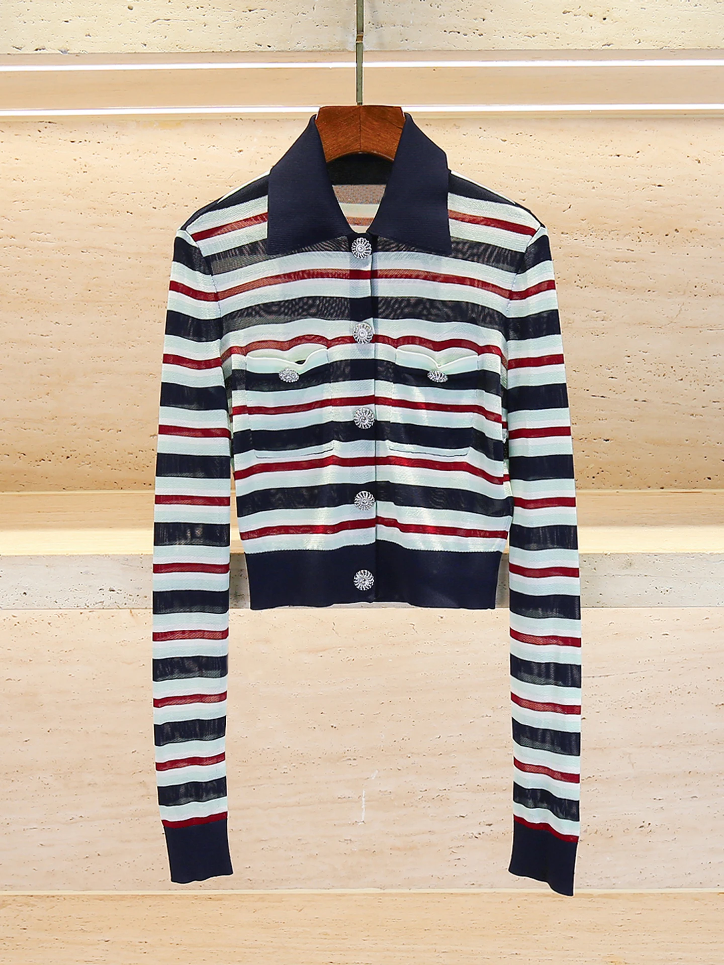 

Элегантный вязаный кардиган Sweet Netie с полосатым узором для женщин: летняя мода премиум-класса для дома и повседневной носки