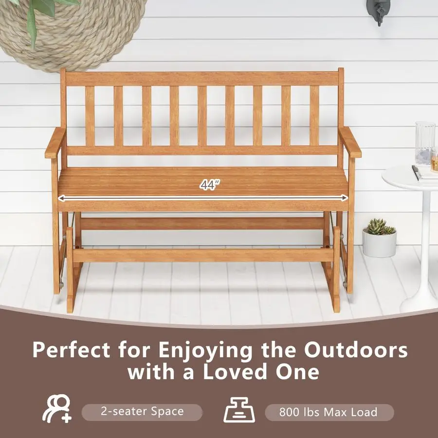 2Person Outdoor Acacia Wood Glider Bench, Heavy Duty 800 LBS, Patio Swing Rocking Loveseat with Slatted Seat and Backrest for Po