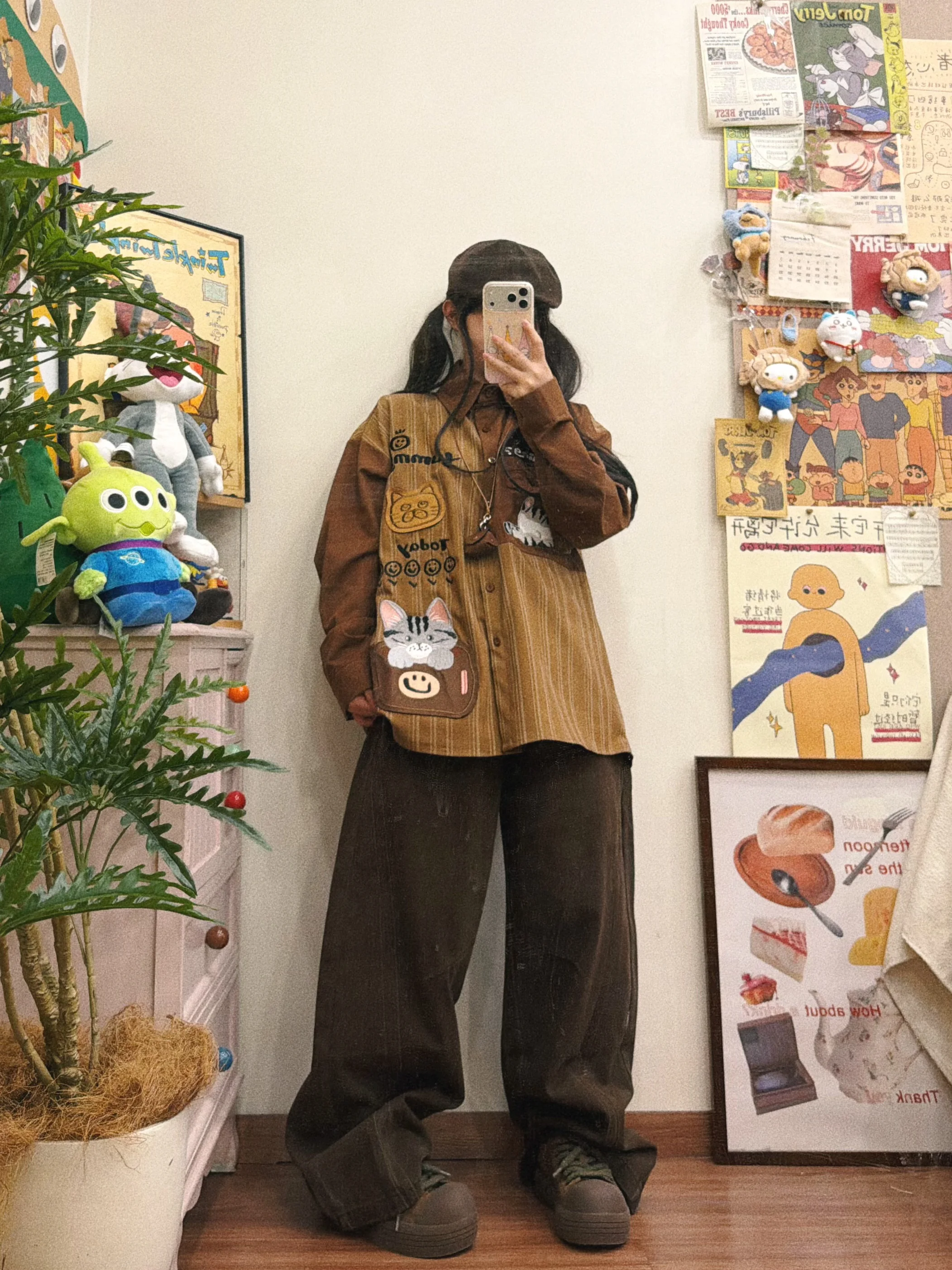 

BIBULU Retro American Cartoon Sle Eye Stitching Splicing Long Sve Loose Women's irt Breathable Cotton Comfortable