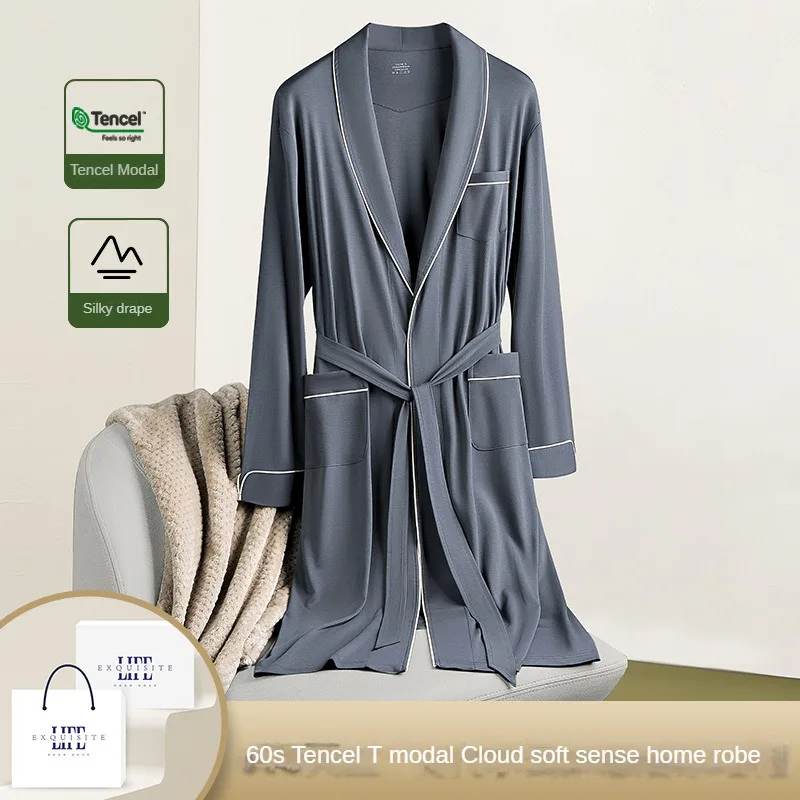 

Modal autumn and winter men's long nightgown thin bathrobe can go out morning robe home robe