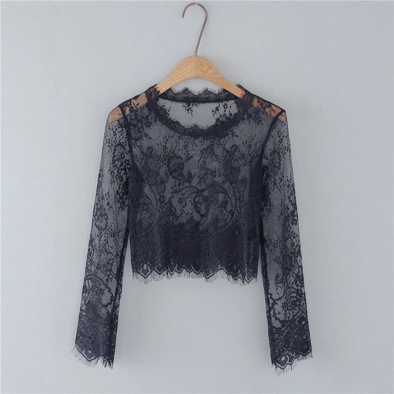 Women's High Collar Lace Shirt Long Sleeve Mesh Underwear Top Sexy Transparent Net Base Shirt Street Style Short Length