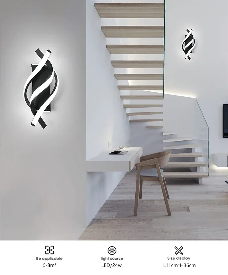 Curved Spiral Design LED Wall Lamp for Bedroom Bedside Corridor Living Room Staircase Corridor Lighting Fixture Home Decor Light