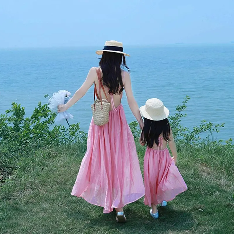 Vacation Look Mom and Daughter Matching Pink Dress Sling Backless Resort Mother and Baby Girl Elegant Dresses for Women Clothing
