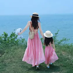 Vacation Look Mom and Daughter Matching Pink Dress Sling Backless Resort Mother and Baby Girl Elegant Dresses for Women Clothing