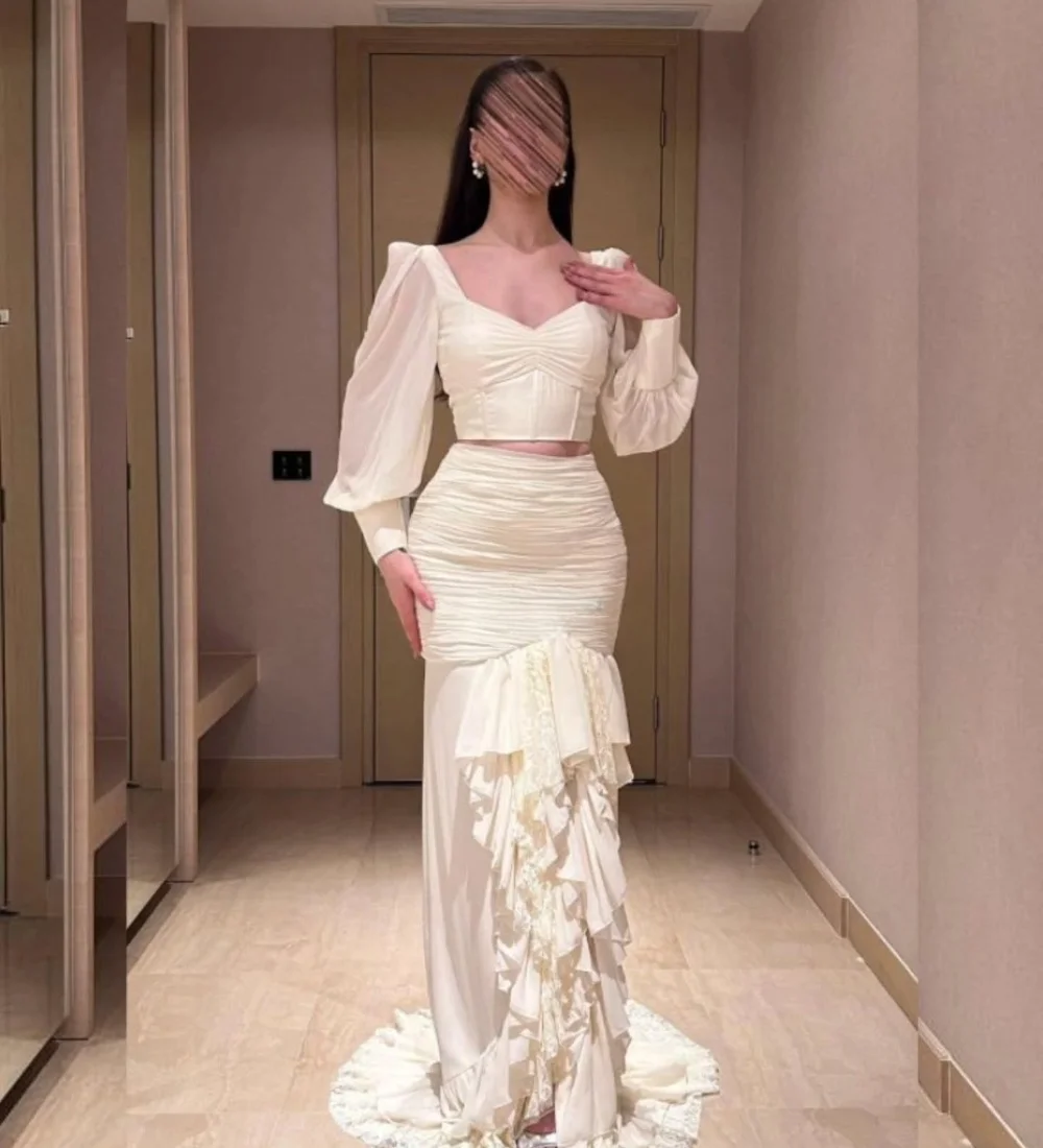 

Customized Sexy Matching Chiffon Pleat Lace Ruched Draped Mermaid Square Neck Long Dresses Evening Dresses Exquisite Retro