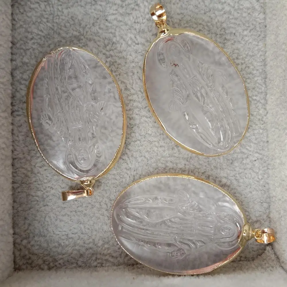 5 Pcs Crystal Quartz Pendant Religious Charm Oval Shape Metal Plated Female Jewelry