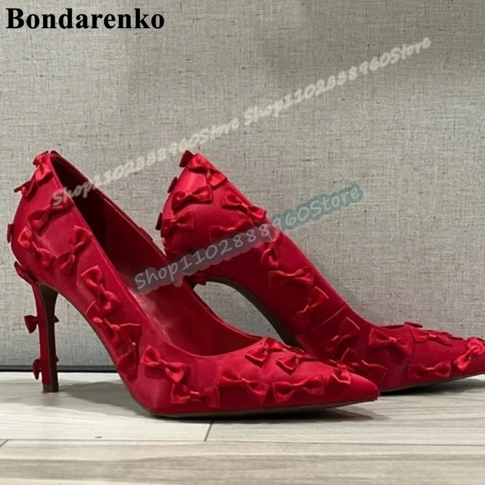 

Shallow Red Satins Bowknots Pointy Pumps Stilettos High Heel Shoes For Women Slip On Pointed Toe Banquet Gorgeous Wedding Shoes