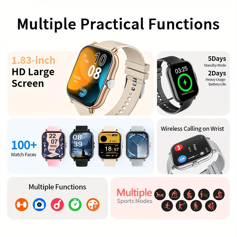 LAXASFIT Moda Smartwatch Bluetooth Chamando 1.83 polegadas Assistente de Voz DIY Watch Faces Monitoramento de Freqüência Cardíaca Presente de feriado