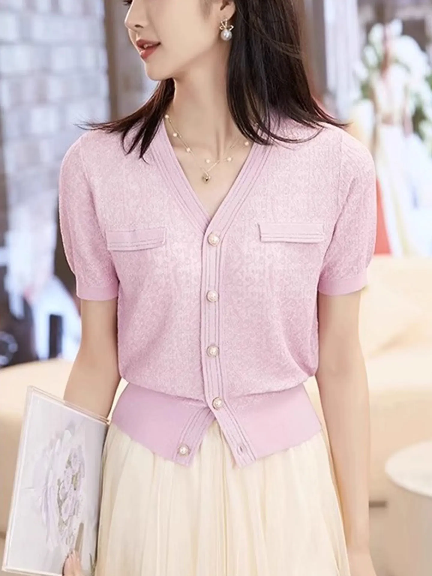 Haut tricoté en soie glacée pour femmes, bouton unique, Svel v-ne, superposition de base, irt coréen, coupe ample, été