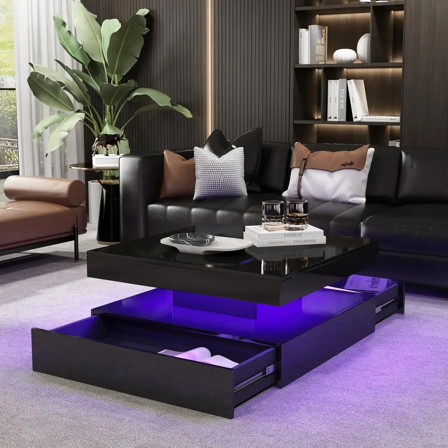 Black Square Coffee Table for Living Room, Cocktail Table with LED Lights, High Glossy Center Table with Storage, Mid Century