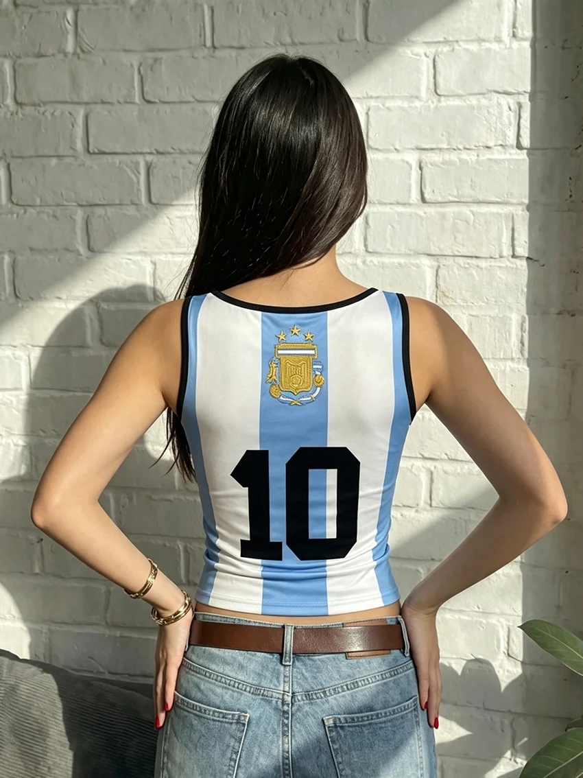 Fashion Ladies Striped Cropped Tank Tops Argentina Badge Number 10 Print Sleeveless V Neck Slim Fit Streetwear Summer Vest Tops