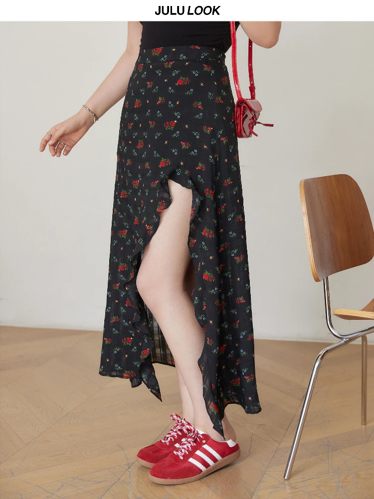 Falda de talla grande con estampado floral, dobladillo asimétrico y grandes volantes para mujeres con curvas, temporada de verano, fibra de poliéster, Sandal pe...