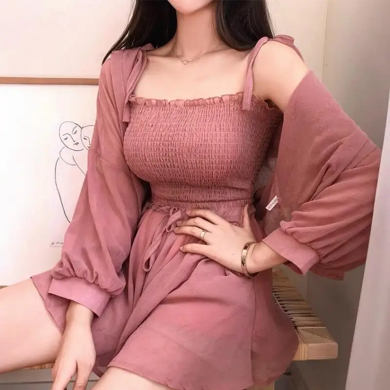 Korea 2024 Summer Sleepwear Fashion Three-piece Suit Women Casual Camisole Vest Sunscreen Shirt Chiffon Top Shorts Suit Pajamas