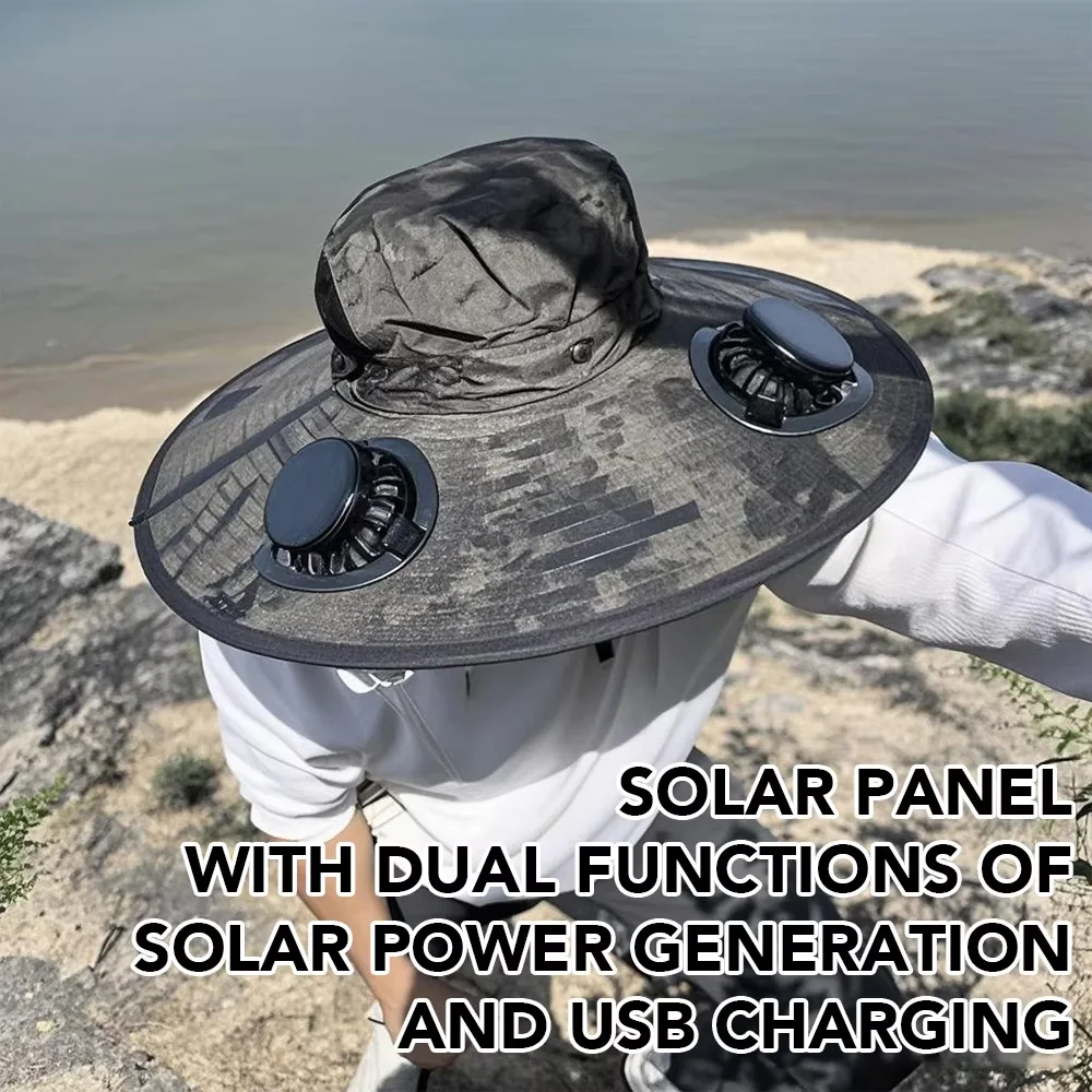 

Fashion Solar Fan Hat Rechargeable USB Charging Men's Outdoor Fisherman Hat Large Brim UV Protection Sunshade Hat Breathable