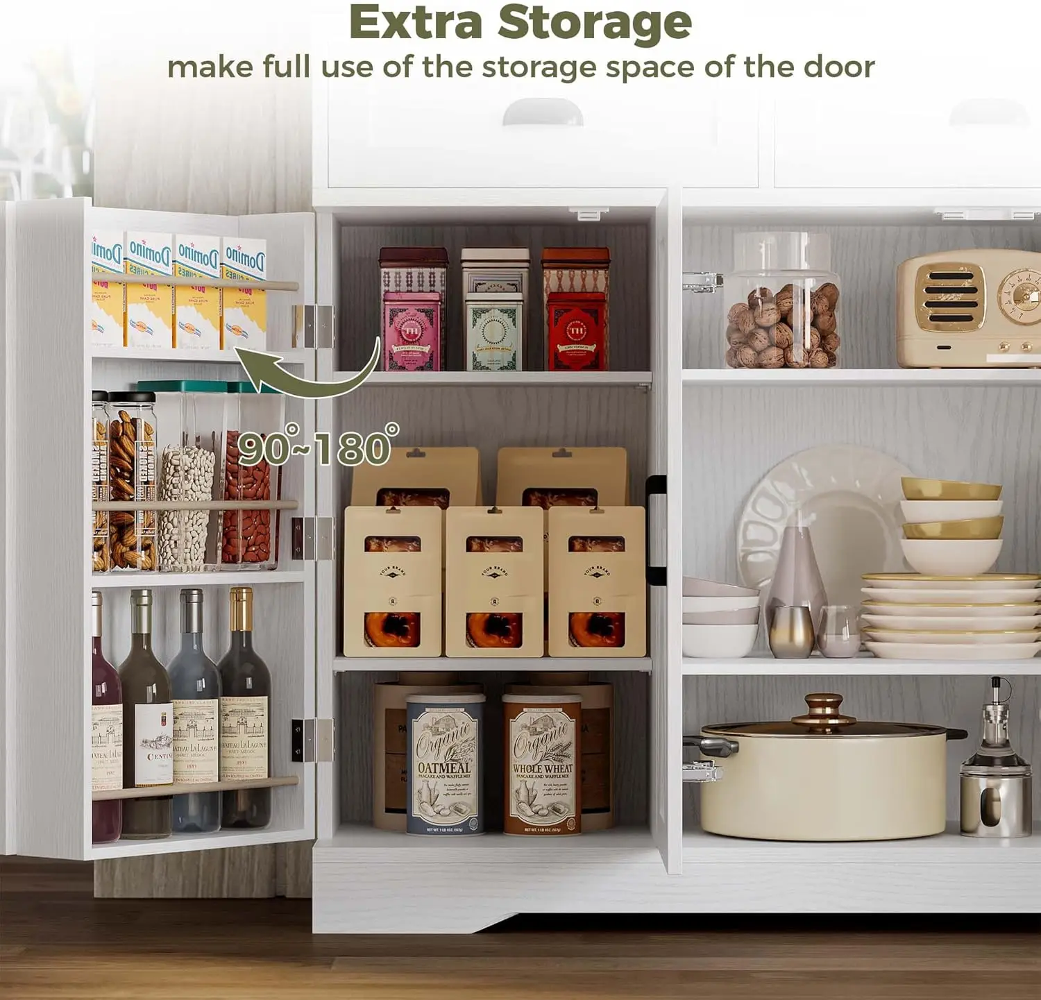 خزانة مع مساحة تخزين، خزائن جانبية مع 4 أبواب، خزانة تخزين المطبخ مع 6 أرفف قابلة للتعديل، بار قهوة حديث