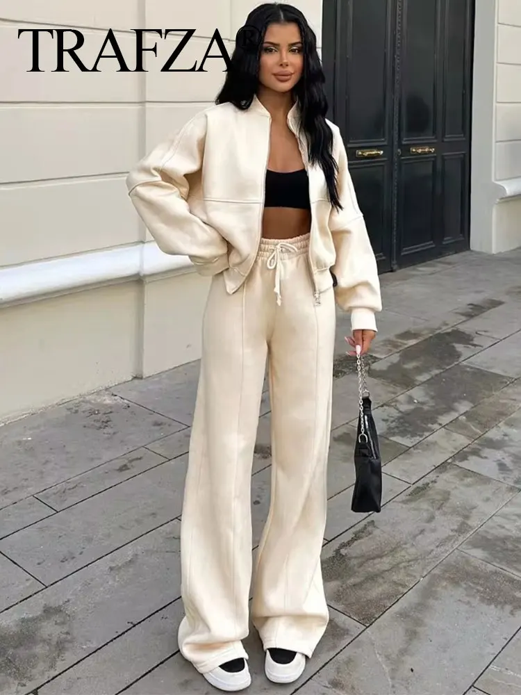 TRAFZA 2024 Woman Solid Trousers Set Long Sleeves Zipper Coat Top + Elastic Waist Lace Up Wild Commute Female Wide Leg Long Pant