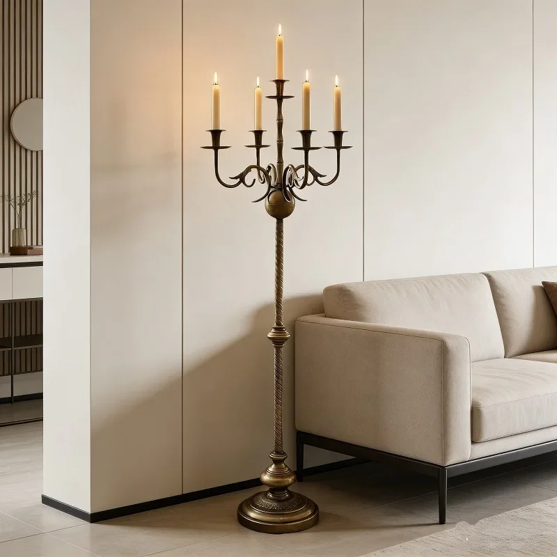Vintage bronze floor-to-ceiling candlestick five-arm metal tall candle holder home porch fireplace decorative candle cup