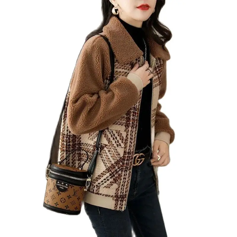 

Casaco Feminino Loose Casual Jacket 2022 New Fashion Autumn Winter Women's Coat Tops Short Grain Fleece Paneled Plaid Outerwear