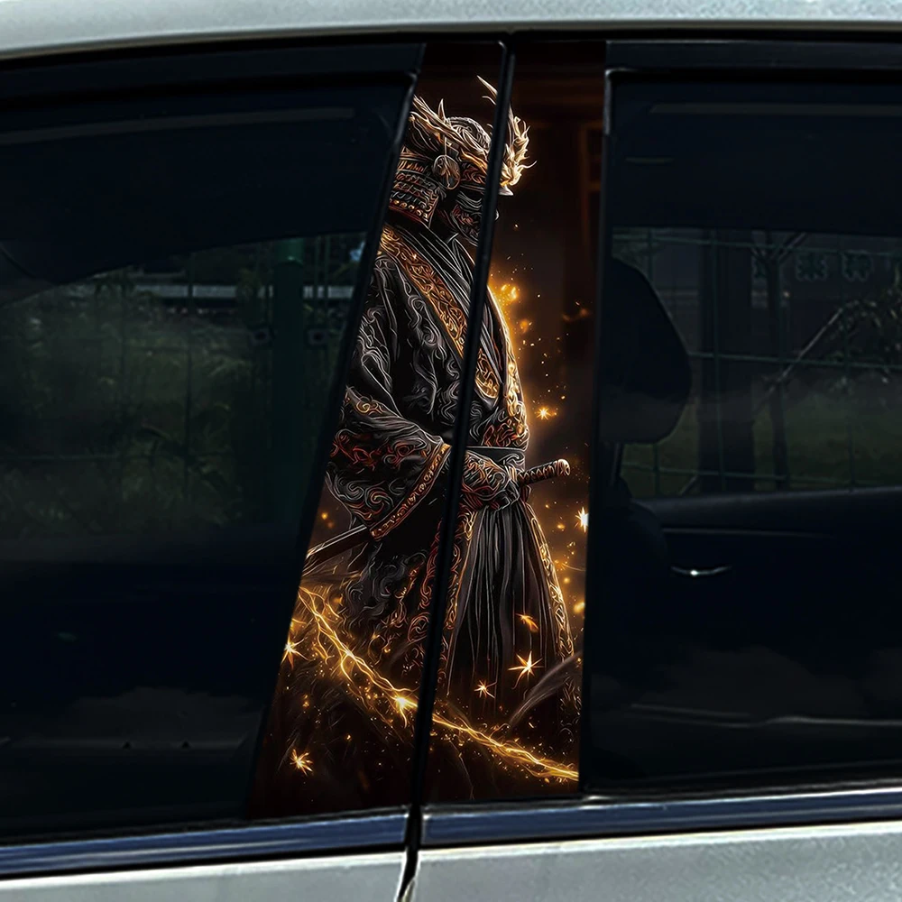 

2PCS Golden Black Samurai Warrior with Glowing Effects Car B Pillar Sticker Waterproof Vinyl Decal Door Column Decor