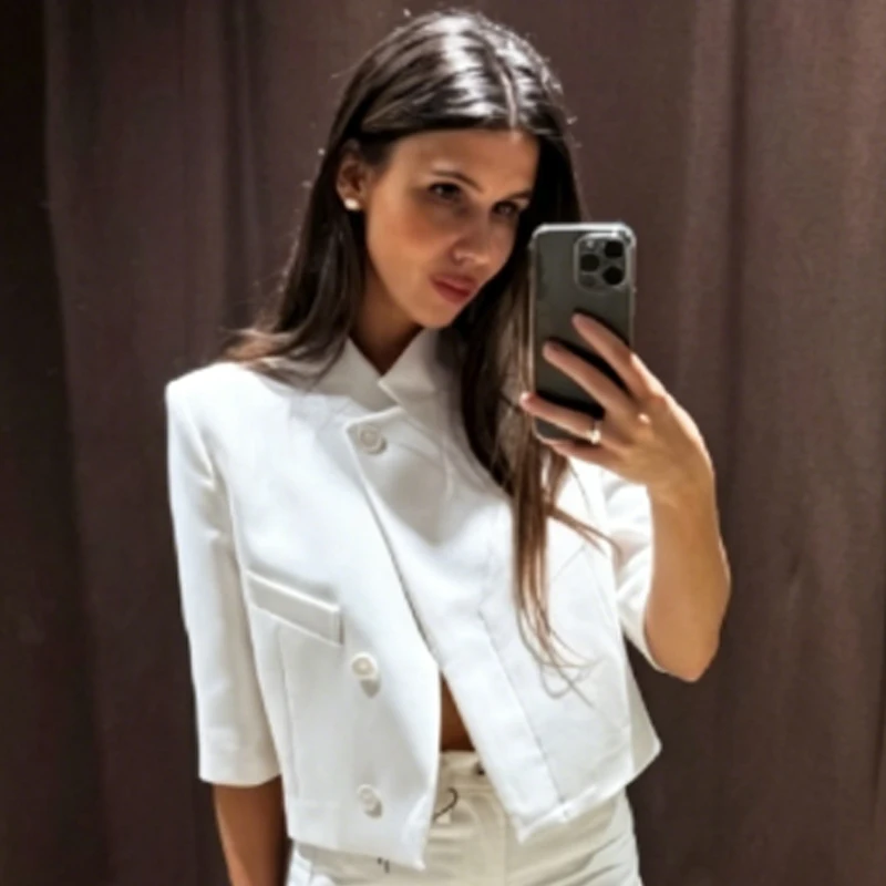 HXAO Crop Weiße Jacken Damenjacke Frühling Sommer 2026 Asymmetrische Knopfleiste Kurzarm-Oberbekleidung Schicke Streetwear Blazer für Frauen – Detail 8