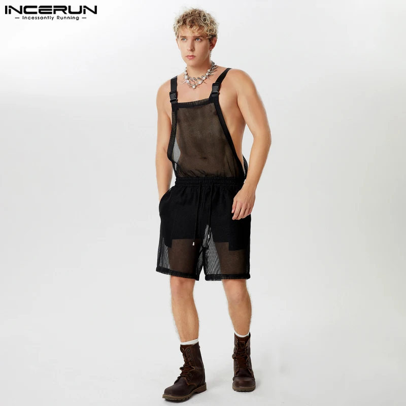 INCERUN 2024 American Style Bodysuits Fashion Men\'s Hollow Mesh Jumpsuits Casual Sexy Perspective Thin Sleeveless Rompers S-5XL