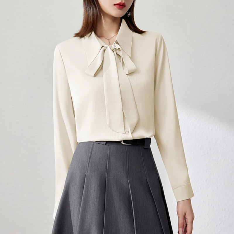 

Simple Solid Color Women Chiffon Shirts 2025 New Long Sleeve Ladies Casual Bow Design Blouse Tops Fashion Women Shirt Clothing