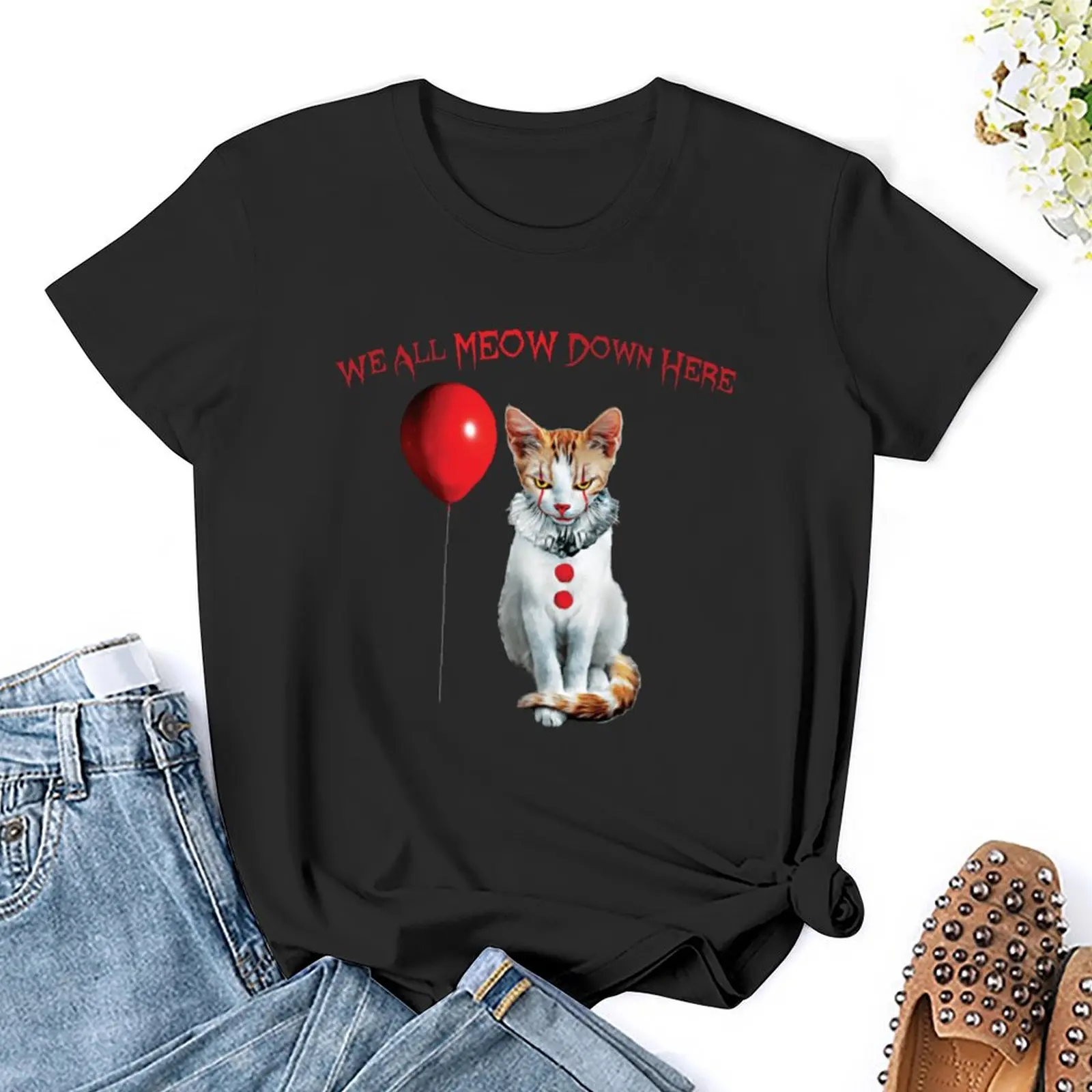 Cat Kitten Clown We All Meow Down Here T-Shirt summer top vintage clothes hippie clothes cute t-shirts for Women