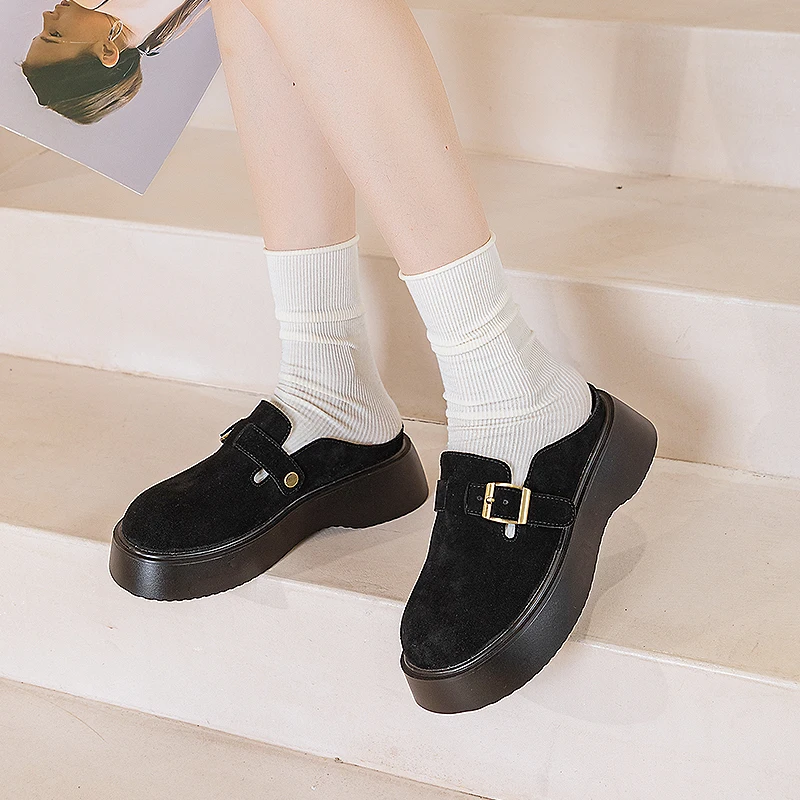 Boken Shoes Women's Anti slip 2024 New Genuine Leather Women's Slippers Thick Sole External Wearing Half Slippers Women's