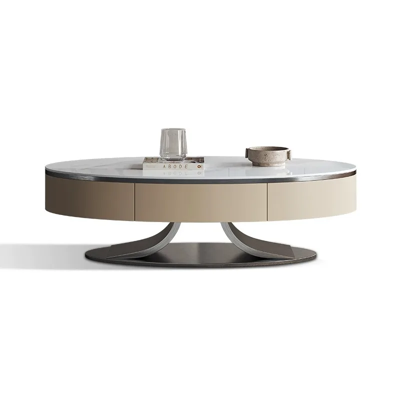 

Light luxury stainless steel oval rock slab coffee table modern simple home living room art saddle leather coffee table