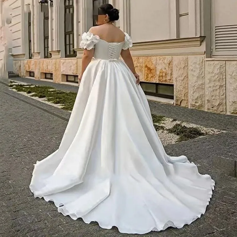Customized Simple Wedding Dress Plus Size Satin A-Line Lace Up Vestidos De Novia Off Shoulder V Neck Side Split Bridal Gowns