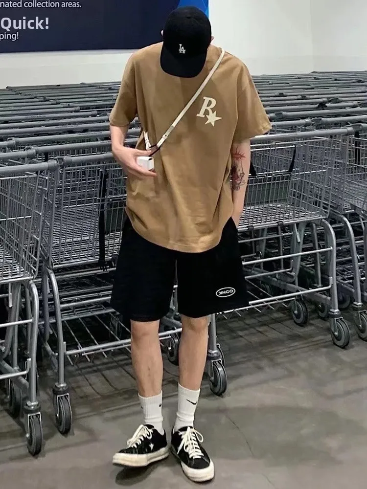 ملابس خارجية من القطن الخالص للرجال صيفية رفيعة وفضفاضة ومستقيمة غير رسمية من القطن الخالص بأرجل واسعة وسراويل بخمسة أرباع #2