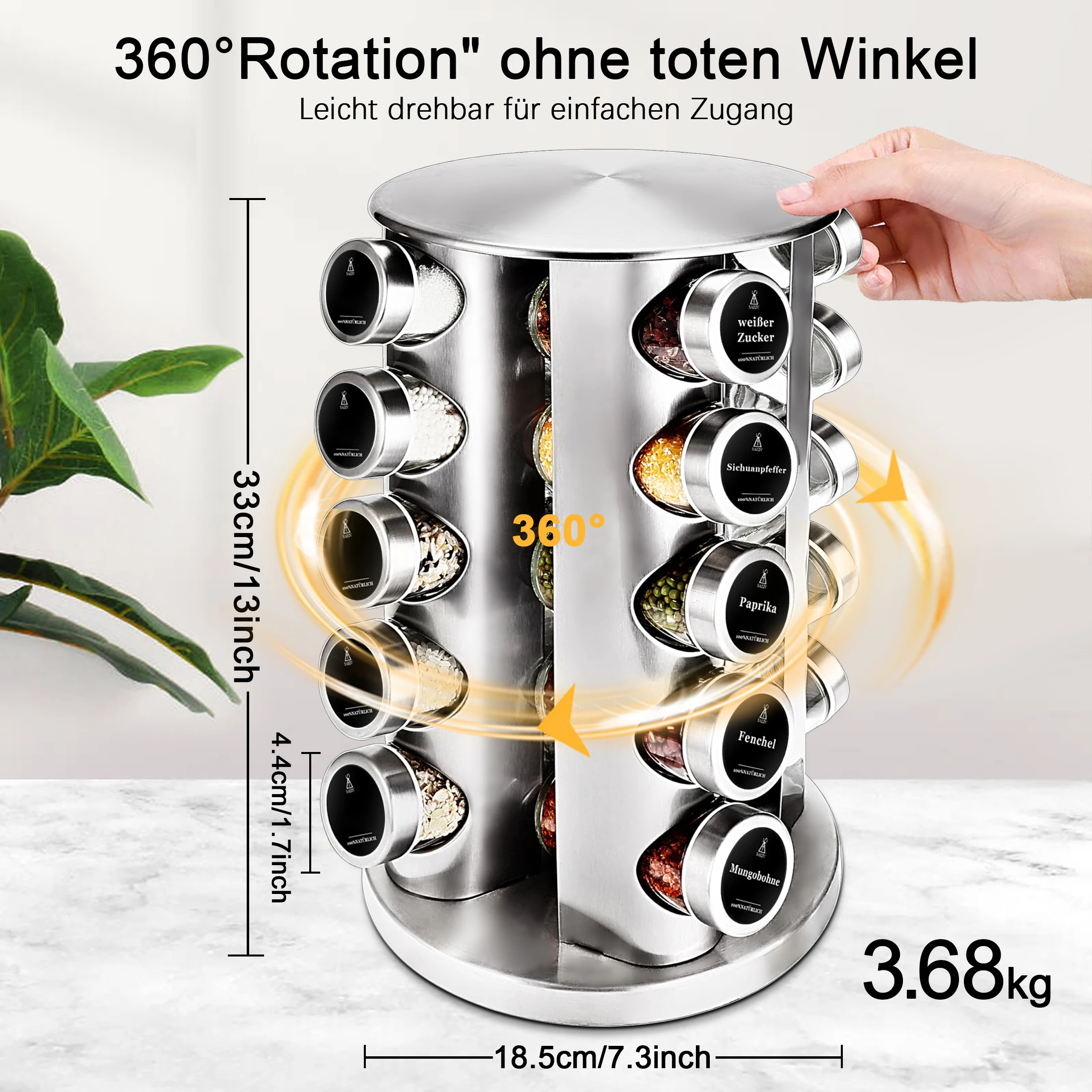 SIAZIH Drehbares Gewürzregal-Set mit 12/20 luftdichten 100ml Gewürzgläsern aus Glas mit Deckeln und Etiketten 360 ° Edelstahl-Gewürzorganizer für die Küchenarbeitsplatte, Gewürzhalter, Küchenlagerung & -organisation | Küchenregal | Gewürz-Organizer – Detail 3