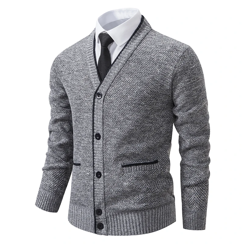 Men Knitted Sweater Elegant Cardigan Pull Luxe Korean Vinatge V-Neck Casual Warm Fleece Social Business Mens Sweaters Jackets