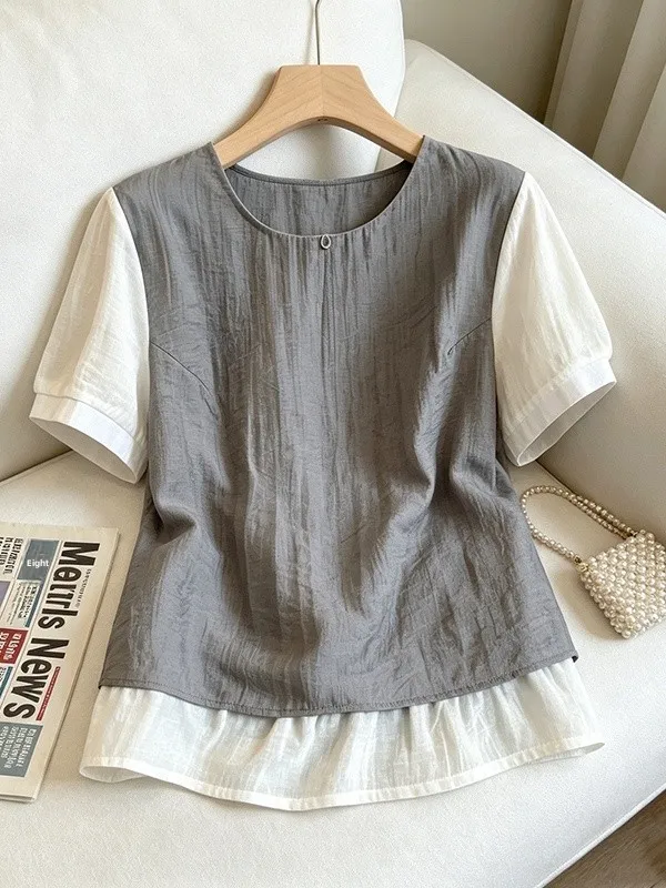

plus Size Women's Fashion Design Patchwork Shirt Summer 2026 Stylish Fake Two-Piece Top Meat Concealing Slimming Blouse