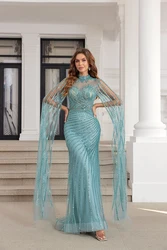 Luxury Beaded Mermaid Evening Dresses With Cape Long Prom Dresses 2024 Sparkly Formal Gown Birthday Party Dress Cocktail Gown