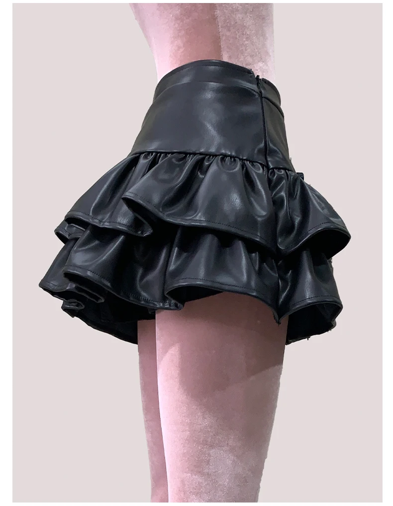 Nerazzurri Summer Autumn Soft Black Pu Leather Mini Tiered Pleated Skirt Women Lace Up Short Luxury Designer Punk Style Clothes