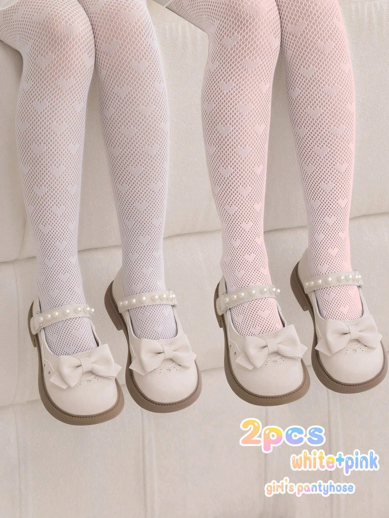 2 Pairs of Girls' Heart-Patterned Mesh Pantyhoses,Elastic Childrens Dance Tights Soft and Breathable Kids Party Lolita Stockings