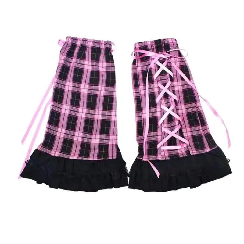 Sock Sleeves Japan Punk Y2K Female Cool Pink Grid Rock Sweetheart Legging Appear Thin Hottie Plaid Pattern Ribbons Lovely  Lace