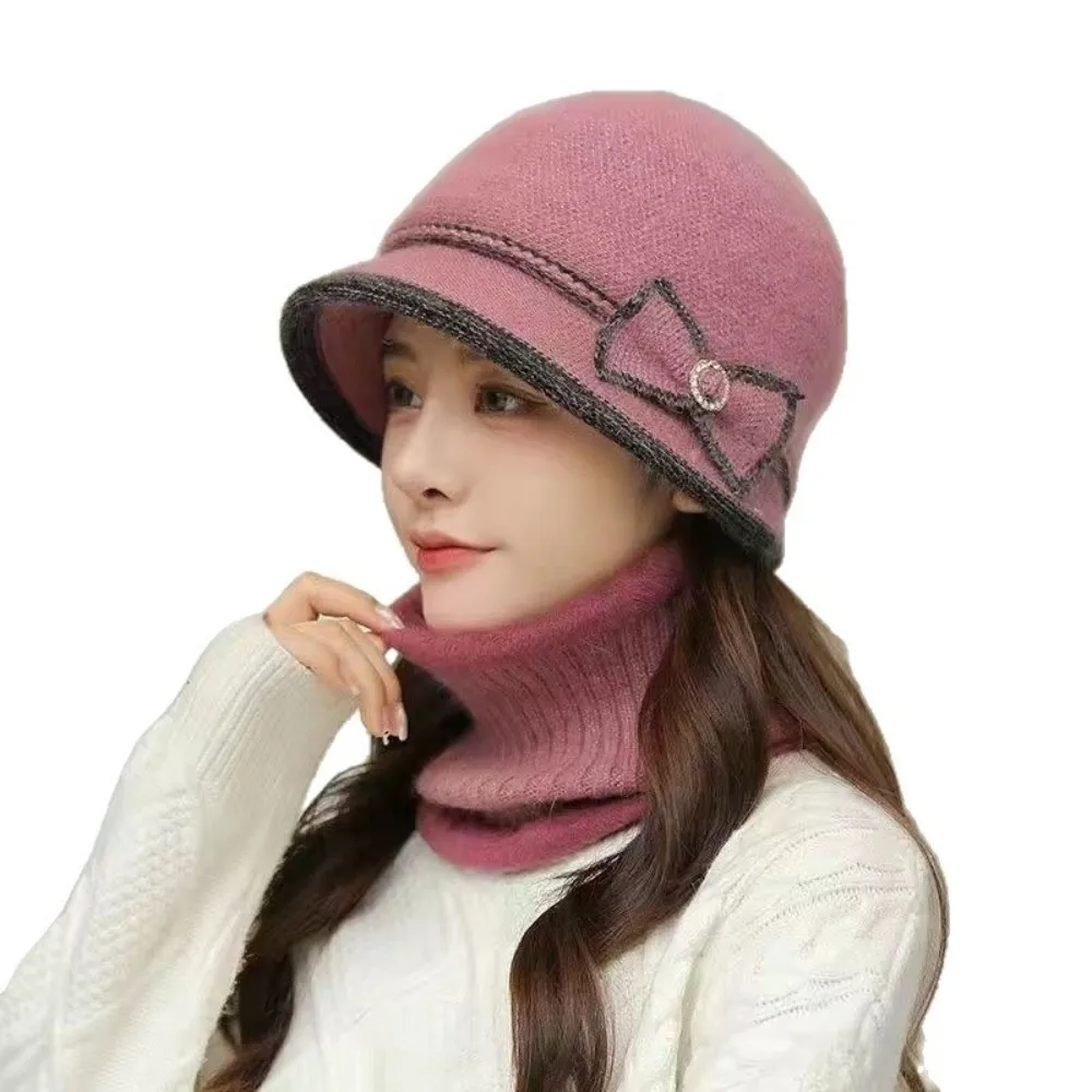 

Fashion Keep Warm Knitted Hat Windproof Thickened Hat Scarf Set Bowknot Winter Cap Women