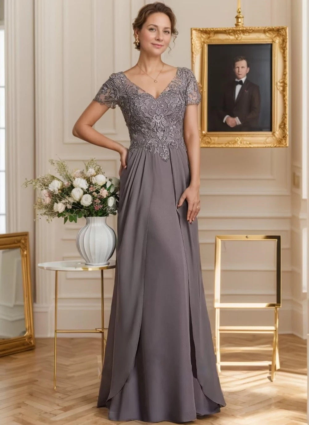 

Mother of The Bride Dress Short Sleeves Mothers Dresses for Weddings Long Chiffon Lace Appliques Formal Evening Party Dress